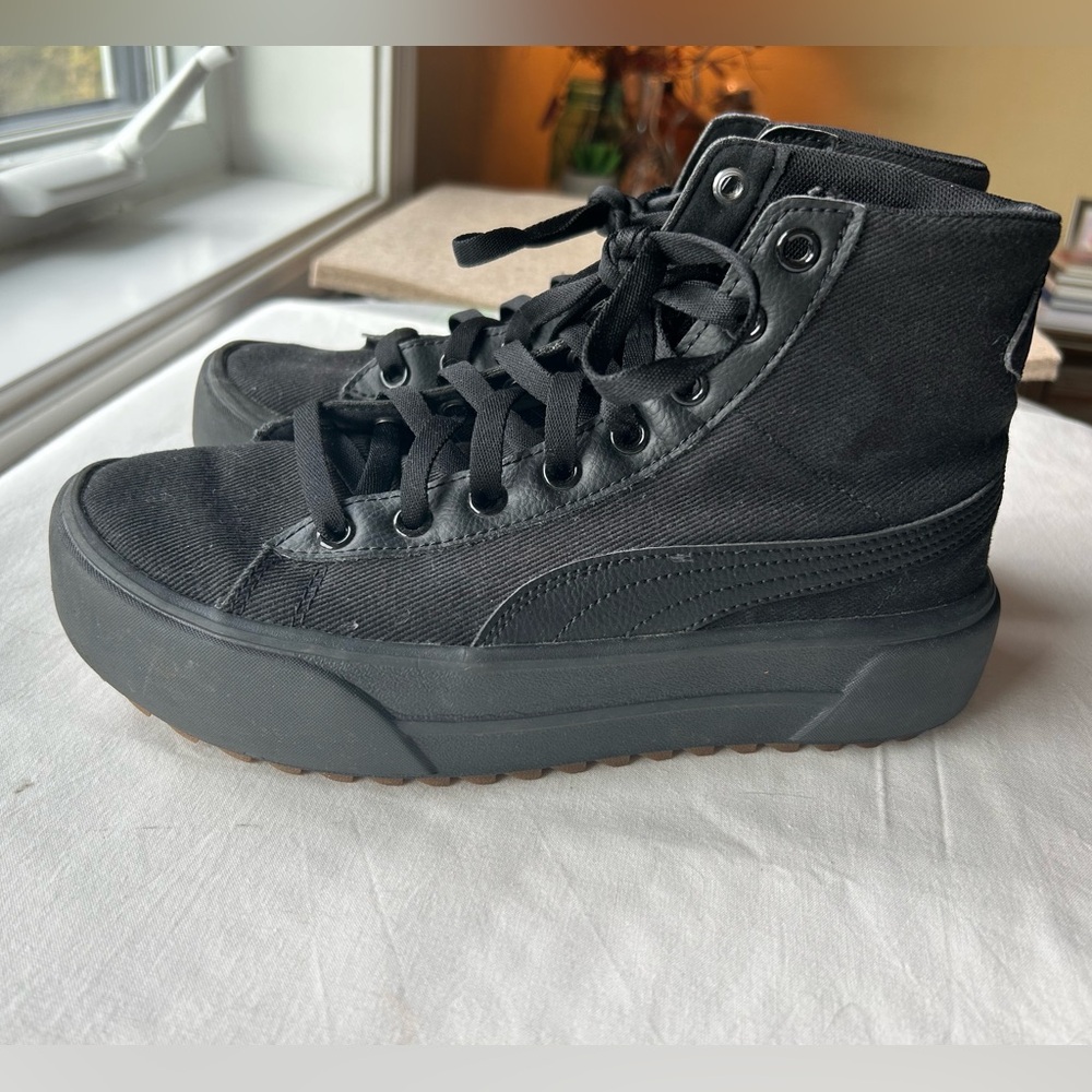 Puma Black High-Top Sneakers with Brown Soles,  women’s size 8